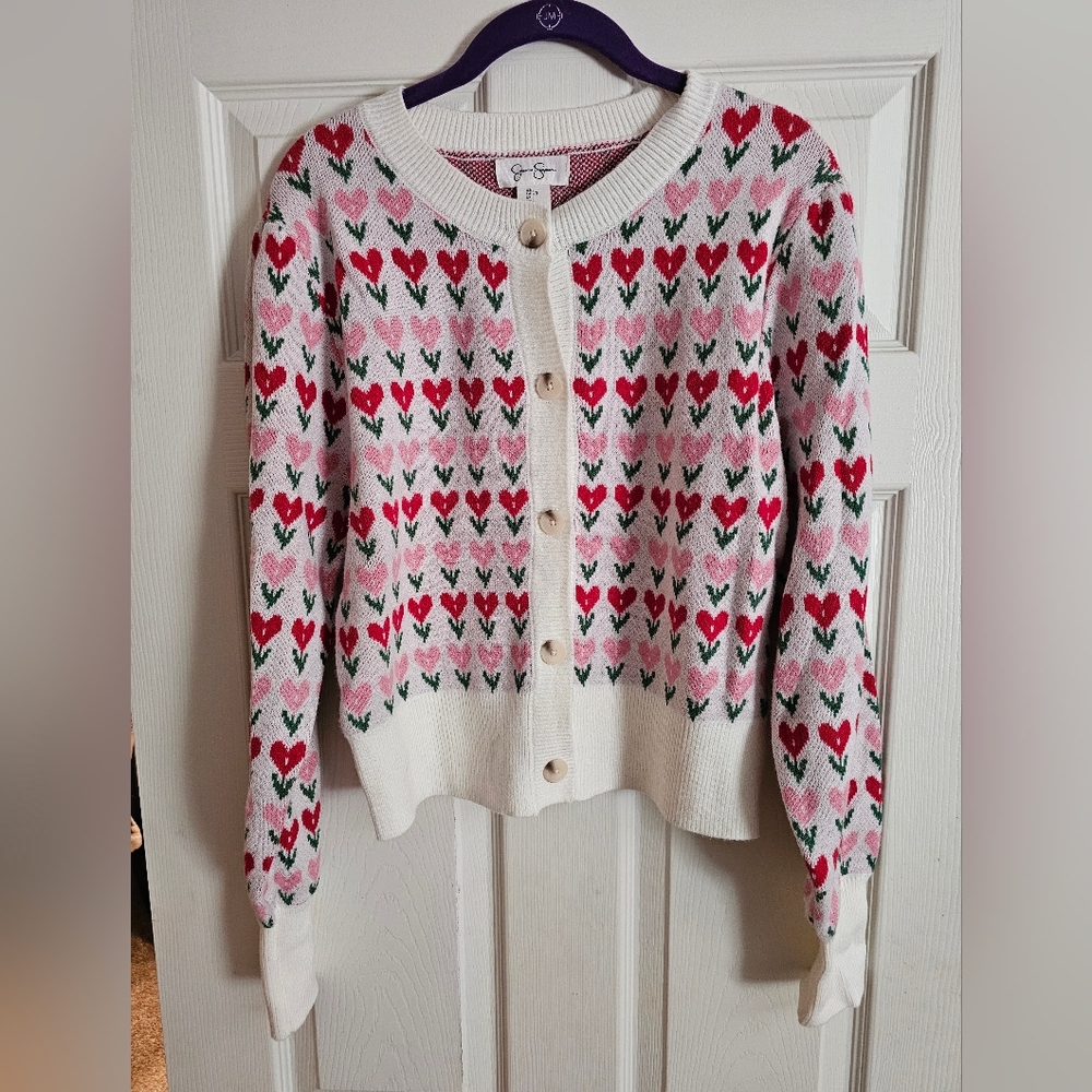 Jessica Simpson Pink and Red Heart Cardigan